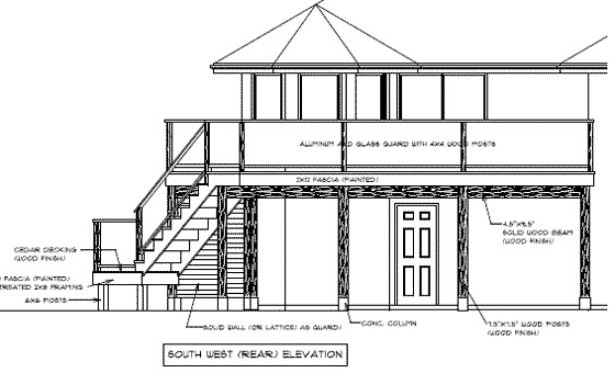 The front view of the deck plans for our second story deck